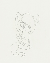 Size: 1479x1887 | Tagged: safe, artist:kittyshy, fluttershy, pegasus, pony, g4, female, filly, filly fluttershy, folded wings, monochrome, pencil drawing, sitting, solo, traditional art, younger