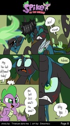 Size: 800x1440 | Tagged: safe, artist:emositecc, queen chrysalis, spike, changeling, dragon, comic:spike to the rescue, g4, season 8, angry, blood, comic, cut, dialogue, fire, flying, screaming, speech bubble, winged spike, wings