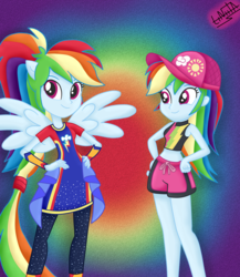 Size: 1300x1500 | Tagged: safe, artist:liniitadash23, rainbow dash, equestria girls, equestria girls specials, g4, my little pony equestria girls: better together, my little pony equestria girls: forgotten friendship, clothes, duality, female, hand on hip, midriff, multicolored hair, ponied up, self paradox, show accurate, swimsuit
