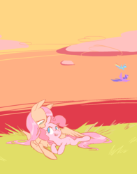 Size: 1431x1828 | Tagged: safe, artist:chop4, fluttershy, pinkie pie, rainbow dash, twilight sparkle, alicorn, earth pony, pony, g4, cloud, cuddling, female, flying, grass, hug, lesbian, looking at each other, missing cutie mark, prone, ship:flutterpie, shipping, twilight sparkle (alicorn), winghug, wings