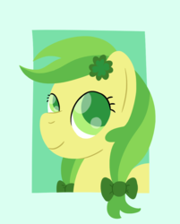 Size: 856x1066 | Tagged: safe, artist:phat_guy, derpibooru exclusive, apple fritter, earth pony, pony, g4, apple family member, bow, bust, clover, female, flower, flower in hair, four leaf clover, frame, green, green background, green mane, hair bow, holiday, lineless, looking up, mare, minimalist, modern art, ponytail, portrait, ribbon, saint patrick's day, simple background, smiling, solo