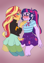 Size: 2480x3507 | Tagged: safe, artist:mysticcoral, sci-twi, sunset shimmer, twilight sparkle, equestria girls, g4, my little pony equestria girls: better together, bedroom eyes, blushing, female, glasses, gradient background, high res, imminent kissing, lesbian, lidded eyes, lips, looking at each other, ship:sci-twishimmer, ship:sunsetsparkle, shipping