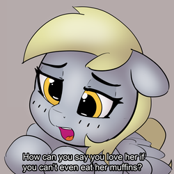 Size: 1280x1280 | Tagged: safe, artist:pabbley, derpy hooves, pegasus, pony, g4, brown background, cute, derpabetes, dialogue, female, floppy ears, gray background, lidded eyes, mare, night shift nurses, open mouth, ponified meme, simple background, solo