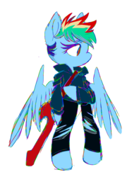 Size: 639x811 | Tagged: safe, artist:chop4, rainbow dash, pegasus, semi-anthro, g4, clothes, female, jacket, ripped pants, simple background, sketch, solo, sword, transparent background, weapon