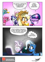 Size: 5100x7014 | Tagged: safe, artist:ringteam, applejack, fluttershy, pinkie pie, rainbow dash, rarity, starlight glimmer, trixie, twilight sparkle, g4, absurd resolution, comic, dialogue, mane six, mouthpiece, op is a duck, patreon, patreon logo