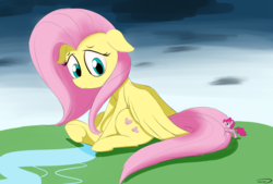 Size: 3496x2362 | Tagged: safe, artist:taurson, fluttershy, pinkie pie, earth pony, pegasus, pony, g4, crying, female, floppy ears, giant pony, high res, looking back, macro, mare, sad, sitting, teary eyes, wings down