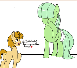 Size: 668x591 | Tagged: safe, artist:feralroku, feather bangs, oc, earth pony, pony, g4, 30 minute art challenge, grin, hair over eyes, size difference, smiling