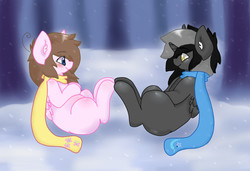 Size: 750x512 | Tagged: safe, artist:kittyshy, oc, oc only, alicorn, pegasus, pony, clothes, female, mare, scarf, snow