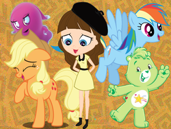 Size: 800x600 | Tagged: safe, artist:illumnious, applejack, rainbow dash, bear, earth pony, ghost, human, pegasus, pony, g4, ashleigh ball, blythe baxter, care bears, care bears adventures of care a lot, littlest pet shop, oopsy bear, pac-man, pac-man and the ghostly adventures, pinky (pac-man)