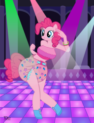 Size: 1297x1702 | Tagged: safe, artist:thunderdasher07, part of a set, pinkie pie, earth pony, anthro, unguligrade anthro, series:pamper pony, g4, breasts, busty pinkie pie, clothes, club pony party palace, dance floor, dancing, diaper, female, glow bracelets, glow rings, lights, non-baby in diaper, part of a series, poofy diaper, shoes, short shirt, solo