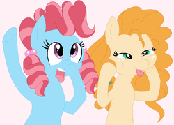 Size: 725x519 | Tagged: safe, artist:mana minori, cup cake, pear butter, earth pony, pony, g4, best friends, chiffon swirl, silly, silly pony, tongue out