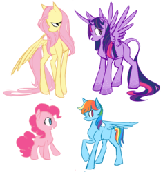 Size: 1444x1528 | Tagged: dead source, safe, artist:chop4, fluttershy, pinkie pie, rainbow dash, twilight sparkle, alicorn, earth pony, pegasus, pony, g4, curved horn, horn, looking away, missing cutie mark, no pupils, simple background, spread wings, transparent background, twilight sparkle (alicorn), wings