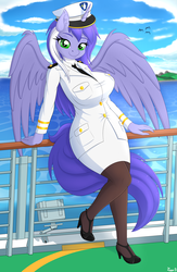 Size: 3450x5300 | Tagged: safe, artist:ziemniax, oc, oc only, oc:mariah wolves, alicorn, anthro, plantigrade anthro, admiral, alicorn oc, anthro oc, big breasts, breasts, clothes, commission, female, high heels, mare, ship, shoes, solo, stockings, thigh highs
