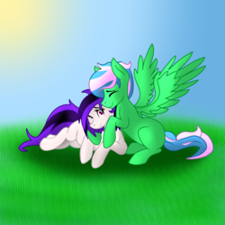 Size: 2000x2000 | Tagged: safe, artist:chelseawest, oc, oc only, earth pony, pegasus, pony, cuddling, female, high res, male, mare, prone, stallion