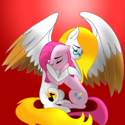 Size: 3000x3000 | Tagged: safe, artist:chelseawest, pinkie pie, oc, pegasus, pony, g4, glasses, high res, hug, pinkamena diane pie, sitting, two toned wings