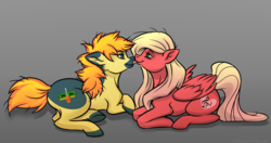 Size: 3740x1972 | Tagged: safe, artist:cellavoid, oc, oc only, oc:melodis, oc:yaktan, earth pony, pegasus, pony, female, gray background, licking, male, melotan, oc x oc, shipping, simple background, straight, tongue out