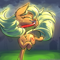 Size: 3000x3000 | Tagged: safe, artist:itsalwayspony, applejack, pony, g4, eyes closed, female, hair ribbon, high res, loose hair, mouth hold, rain, solo