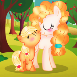 Size: 1000x1000 | Tagged: safe, artist:doraeartdreams-aspy, applejack, pear butter, g4, apple tree, blushing, cute, eyes closed, female, filly, filly applejack, jackabetes, mother and daughter, nuzzling, pearabetes, smiling, tree, younger