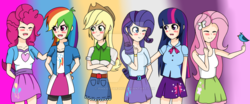 Size: 1024x428 | Tagged: safe, artist:pinkiestar2003, applejack, fluttershy, pinkie pie, rainbow dash, rarity, twilight sparkle, alicorn, human, equestria girls, g4, human coloration, humane five, humane six, humanized, twilight sparkle (alicorn), watermark