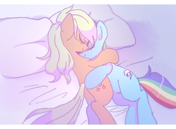 Size: 1071x790 | Tagged: safe, artist:xp_r6, applejack, rainbow dash, earth pony, pegasus, pony, g4, cuddling, duo, female, lesbian, mare, pillow, ship:appledash, shipping, sleeping