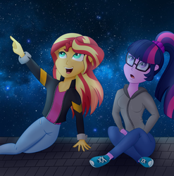 Size: 1812x1832 | Tagged: safe, artist:xethshade, sci-twi, sunset shimmer, twilight sparkle, equestria girls, g4, clothes, female, glasses, night, pants, ponytail, shirt, shoes, smiling, sneakers
