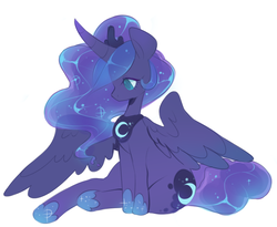 Size: 709x580 | Tagged: safe, artist:buljong, princess luna, alicorn, pony, g4, curved horn, cute, female, hoof shoes, horn, looking down, lunabetes, mare, simple background, sitting, solo, spread wings, white background, wings