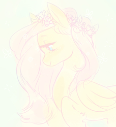 Size: 1354x1486 | Tagged: safe, artist:affurro, fluttershy, pegasus, pony, g4, bust, female, floral head wreath, flower, folded wings, hooves to the chest, looking down, mare, peaceful, portrait, profile, solo