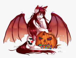 Size: 1300x1000 | Tagged: safe, artist:yunityart, oc, oc only, oc:enya kir fire, bat pony, candy, food, halloween, heterochromia, holiday, jack-o-lantern, pumpkin
