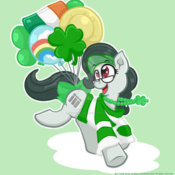 Size: 1024x1024 | Tagged: safe, artist:yoshimarsart, oc, oc only, oc:front page, earth pony, pony, balloon, clothes, female, glasses, holiday, mare, saint patrick's day, shirt, solo, watermark