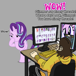 Size: 750x750 | Tagged: safe, starlight glimmer, human, pony, unicorn, g4, /mlp/, 4chan, 4chan screencap, boop, chair, computer, desk, exploitable meme, eye bulging, female, glimmerposting, keyboard, mare, meme, monitor, self-boop, wow! glimmer