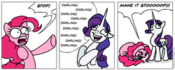 Size: 933x372 | Tagged: safe, artist:gingerfoxy, pinkie pie, rarity, earth pony, pony, unicorn, pony comic generator, g4, abuse, annoying, begging, comic, darling, derp, duo, flanderization, how the turntables, make it stop, pinkiebuse, rariderp, rarisnap, simple background, white background
