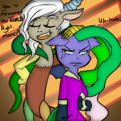 Size: 540x540 | Tagged: safe, artist:bobaethemagicalgirl, artist:jacalope, edit, discord, mane-iac, pony, g4, bipedal, clothes, colored, dialogue, eris, eyes closed, hand on head, rule 63, smiling, unamused