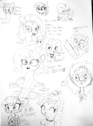 Size: 1383x1882 | Tagged: safe, artist:tjpones, fluttershy, pinkie pie, rarity, twilight sparkle, alicorn, earth pony, pegasus, pony, rabbit, unicorn, g4, armor, chest fluff, choker, clothes, coin, dialogue, dress, dress making, ear fluff, female, grayscale, lineart, mare, money, monochrome, power armor, realization, saloon dress, saloon pinkie, scooby-doo and the ghoul school, scooby-doo!, simple background, sketch, sketch dump, space marine, traditional art, twilight sparkle (alicorn), warhammer (game), warhammer 40k, winnie the werewolf, you gotta share