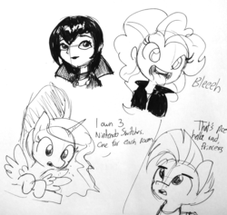 Size: 1486x1409 | Tagged: safe, artist:tjpones, pinkie pie, princess luna, oc, alicorn, human, pony, vampire, equestria girls, g4, bleh, bust, cape, clothes, dialogue, female, grayscale, hotel transylvania, mare, mavis dracula, monochrome, open mouth, simple background, sketch, sketch dump, tongue out, traditional art, window