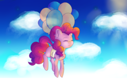 Size: 3452x2160 | Tagged: safe, artist:tunchawk, pinkie pie, earth pony, pony, g4, balloon, cloud, cute, eyes closed, female, floating, high res, mare, sky, smiling, solo, then watch her balloons lift her up to the sky