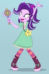 Size: 668x1000 | Tagged: safe, artist:pixelkitties, starlight glimmer, equestria girls, g4, clothes, colored background, cosplay, costume, cute, female, glimmerbetes, parody, pun, simple background, smiling, solo, star butterfly, star vs the forces of evil, this will end well, this will not end well, visual pun, wand