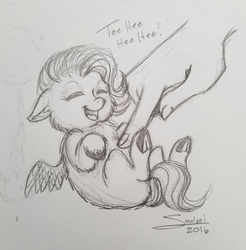 Size: 3024x3078 | Tagged: dead source, safe, artist:soulvei, artist:soulveiwinterfall, fluttershy, fluffy pony, g4, belly tickling, female, floppy ears, fluffyshy, hand, high res, hugbox, laughing, lying down, on back, sketch, solo, tickling