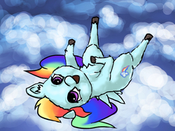 Size: 800x600 | Tagged: safe, artist:bobdirt, rainbow dash, g4, cloud, female, filly, foal, on back, smiling, solo