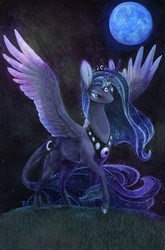 Size: 846x1280 | Tagged: safe, artist:sparkynekomi, princess luna, alicorn, pony, g4, acrylic painting, cloven hooves, curved horn, cutie mark, female, horn, jewelry, leonine tail, mare, moon, night, regalia, solo, spread wings, traditional art, unshorn fetlocks, wings