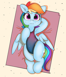 Size: 3564x4156 | Tagged: safe, artist:pabbley, rainbow dash, pegasus, pony, g4, arm behind head, armpits, beach, clothes, cute, dashabetes, female, looking at you, lying down, mare, on back, one-piece swimsuit, sand, smiling, solo, swimsuit, towel