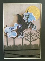 Size: 960x1280 | Tagged: safe, artist:sparkynekomi, nightmare moon, alicorn, pony, g4, armor, card, craft, cutie mark, female, flying, horn, moon, open mouth, papercraft, smiling, solo, spread wings, tree, wings