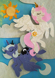 Size: 384x544 | Tagged: safe, artist:sparkynekomi, princess celestia, princess luna, alicorn, pony, g4, card, cloud, craft, crescent moon, crown, cutie mark, duo, eyes closed, female, flying, horn, irl, jewelry, mare, moon, papercraft, photo, pink-mane celestia, regalia, royal sisters, s1 luna, shadowbox, sky, smiling, spread wings, sun, transparent moon, wings, younger