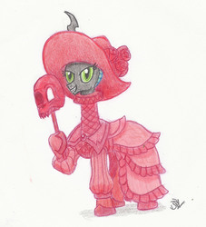 Size: 1576x1732 | Tagged: safe, artist:sensko, queen chrysalis, changeling, changeling queen, g4, clothes, dress, flower, grin, hat, hoof hold, mask, masque of the red death, red dress, rose, ruff (clothing), signature, smiling, traditional art