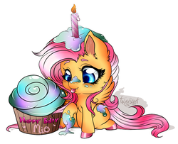 Size: 1040x844 | Tagged: safe, artist:tawnysweet, fluttershy, pegasus, pony, g4, birthday, candle, chibi, colored hooves, cupcake, cute, cute little fangs, fangs, female, food, frosting, raised hoof, shyabetes, simple background, smiling, solo, tongue out, white background