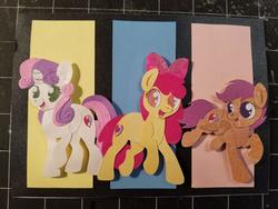 Size: 1280x960 | Tagged: safe, artist:sparkynekomi, apple bloom, scootaloo, sweetie belle, earth pony, pegasus, pony, unicorn, g4, craft, cutie mark crusaders, female, filly, irl, papercraft, photo, smiling, traditional art, trio