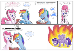 Size: 3000x2084 | Tagged: safe, artist:lost marbles, pinkie pie, rainbow dash, twilight sparkle, alicorn, earth pony, pegasus, pony, g4, angry, bad end, book, bookhorse, comic, dictionary, evil, fire, gritted teeth, high res, marker, rapidash twilight, spread wings, that pony sure does love books, this will end in tears and/or death, twilight sparkle (alicorn), wings