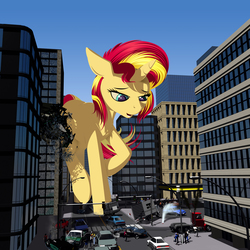 Size: 3600x3600 | Tagged: safe, artist:styroponyworks, sunset shimmer, human, pony, unicorn, g4, car, city, commission, destruction, female, giant pony, giant/tiny, high res, macro, macro/micro, mare, micro, people, tiny, vehicle, water