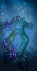 Size: 1250x2400 | Tagged: safe, artist:colochenni, bon bon, lyra heartstrings, sweetie drops, earth pony, hybrid, merpony, pony, seapony (g4), unicorn, g4, bubble, crepuscular rays, dark, drawthread, eyes closed, female, fish tail, floating, flowing mane, flowing tail, green mane, horn, lesbian, looking at each other, mare, movie poster, ocean, parody, ponified, ponified movie poster, request, seaponified, seapony lyra, seaweed, ship:lyrabon, shipping, signature, species swap, swimming, tail, the shape of water, underwater, water