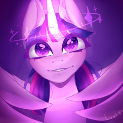 Size: 995x1000 | Tagged: safe, artist:luulyh, twilight sparkle, alicorn, pony, g4, circling stars, female, glowing horn, horn, looking at you, purple background, signature, simple background, smiling, solo, twilight sparkle (alicorn), wings