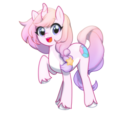 Size: 2321x2059 | Tagged: safe, artist:affurro, oc, oc only, pony, unicorn, curved horn, cute, female, high res, horn, looking at you, mare, open mouth, raised hoof, simple background, smiling, solo, transparent background, unshorn fetlocks